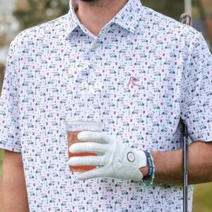 Rhoback The Bev Cart Polo Shirt Mens Size LARGE Performance Golf All Over Print
